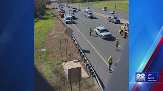 Overhead sign on I-91 in Enfield hit vehicle after crash