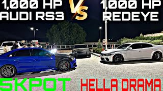 HELLA DRAMA AUDI RS3 VS HELLCAT REDEYE5KPOT #racing #mexico #turbo #supercharged #dodge #audi #drama