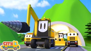Construction Vehicles — excavator, bulldozer, dump truck, drill, paver, build tunnel after rockfall
