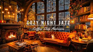 ☕Nightly Snowfall With Warm Jazz Music at Cozy Coffee Shop Bookstore Ambience for Relax and Work
