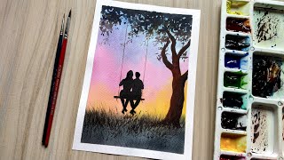 romantic couple sunset scenery watercolor painting / how to draw romantic couple / Paint with David
