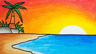 How To Draw Beach Scenery With Oil Pastels Easy |Drawing A Beach Scenery Step By Step