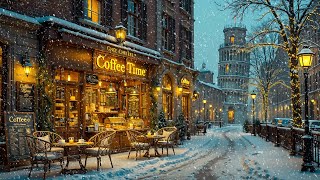 Cozy Winter Ambience ❄️ Smooth Jazz Instrumental & Falling Snow at Outdoor Coffee Shop for Unwind