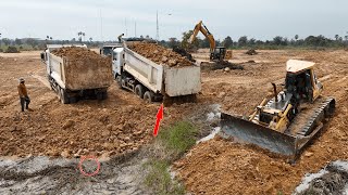 Amazing project!! Bulldozer Komatsu D65px starts pushing soil filling over the Rice Field