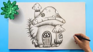 Frog Umbrella House | Mushroom House Drawing | Pencil sketch lesson of Fairy House