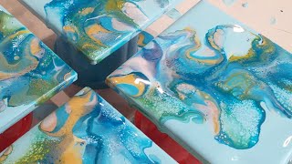 🌟 Sparkly Turquoise Dutch Pour Coasters 🌟 beautiful results, acrylic paint pour, abstract fluid art