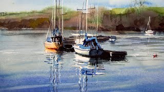 Watercolor painting boats and reflections