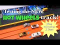 Testing the NEW Hot Wheels track plus unboxing J case for new cars to race!