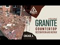 Severely damaged outdoor granite countertop restoration, crack/chip repair, seam leveling, slab fix