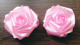 พับดอกกุหลาบ2ชั้น วาเลนไทน์ / How to easily make pink roses from ribbons.