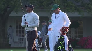 Tiger Woods practices on the range at Augusta National