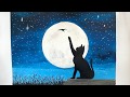 Mood picture. Cat under a full moon. Acrylic painting