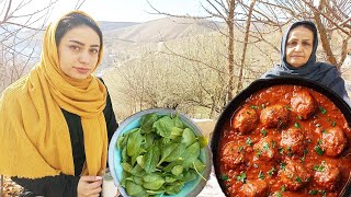 Cooking campfire Tare Ghormeh in village with buttermilk and fresh vegetables,Жизнь в деревне