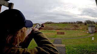 Sally trying out my side-by-side shotgun  at EJ Churchill Shooting Ground