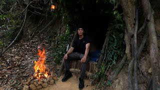 Solo Bushcraft Camping in the wild, build primitive survival shelter , cooking