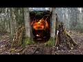 48 h Building Warm bushcraft Survival Shelter- with Fireplace Inside