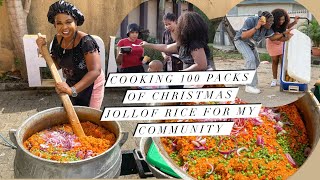 Cooking 100 Packs of Christmas Jollof Rice | Half Bag of Rice for my Community #Jollofrice