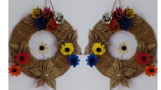 DIY Beautiful Wall hanging Wreath using Jute Flowers❤️/ Jute Craft Idea/ Golden Fiber Crafts