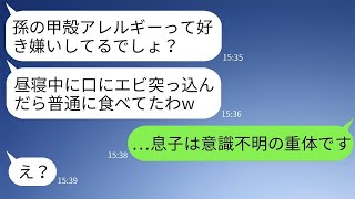 義母がアレルギーを信じず、寝ている甲殻類アレルギーの息子に生エビを突っ込んで、緊急搬送されることになった…→全然悪びれない義母に、私は本気で怒った…www