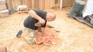 Tough guy shows those internet trolls by breaking watermelon