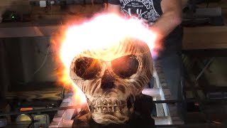 Halloween Skull Carved Out of Wood and Lit on FIRE!