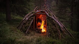 Solo Bushcraft | Building Survival Shelter, Inside Fireplace, Camping in Thunderstorm
