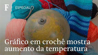 Repórter da Folha mostra variação da temperatura média do planeta  em cachecol de crochê