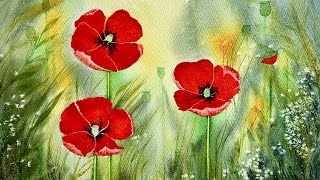 Paint BEGINNERS WATERCOLOUR POPPIES, POPPY FLOWERS,  Watercolor Landscape PAINTI