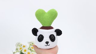 娟娟编织,国宝熊猫花盆仙人掌和心形绿植盆栽第四集Step by step,easy for beginners DIY Tutorial   crochet panda  part.4