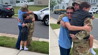 Dad comes home early from deployment to surprise the kids