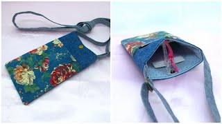 DIY スマホポーチ 簡単作り方　表ポケット付き 紐付きスマホケースの作り方　How to make a smartphone pouch スマホポシェット　スマホケース作り方