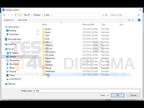 Define as default local file location for saving documents the Word folder, located in IL-ates…