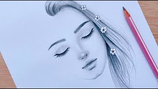Easy Pencil sketch || How to draw A Girl face with eyes closed - step by step || Drawing Tutorial