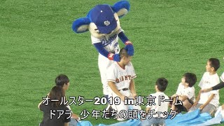 オールスター2019　試合前　ドアラが少年達の頭をチェック