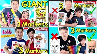 Giant 3 Marker Challenges w/ Daddy Spongebob Minions Boss Baby LOL Surprise Baby Doll