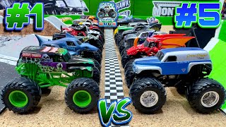 Toy Diecast Monster Truck Racing Tournament | Throwback Race #3 |  2019 Series #1 🆚 #5 + BARRELS!