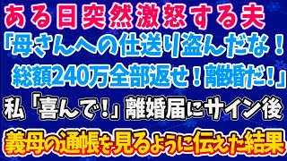 【スカッとする話】ある日突然激怒する夫「母さんへの仕送り盗んだな！総額240万全部返せ！離婚だ！」私「喜んで！」離婚届にサイン後、義母の通帳を見るように伝え