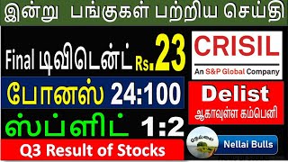 டிவிடென்ட் Rs.23,  போனஸ் 24:100 , ஸ்ப்ளிட் 1:2 , டிவிடென்ட்  தரும் பங்குகள் பற்றிய செய்தி, CRISIL