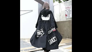 Корейский панк длинный свободный черный плащ женский готический рукав летучая мышь пальто осень зима