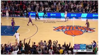 Mario hezonja stares down LeBron after the game winning block as the 14-56 Knicks defeat the Lakers!