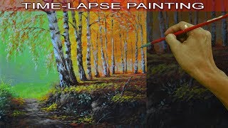 Acrylic Painting in Time Lapse Autumn Birch Tree Forest by JM Lisondra