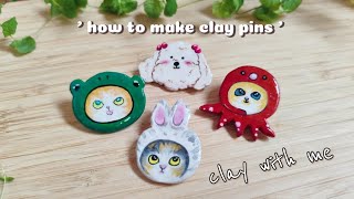 How to make clay pins | No Bake DIY, CUTE 🐱 Clay with me | Art Vlog | Unboxing ASMR