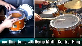 Remo Muff’l on toms. Control Ring with foam rings \u0026 plastic trays inside drums for dampening. Muffl