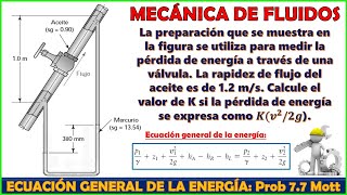 CÁLCULO DE PÉRDIDAS POR FRICCIÓN EN UNA VÁLVULA | ECUACIÓN GENERAL DE LA ENERGÍA | Problema 7.7 Mott