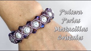 PULSERA DE PERLAS, CRISTALES DE ROMBOS Y MOSTACILLAS CRUZADAS