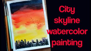 Easy city skyline watercolour sunset painting for beginners step by step