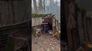 Building a Bushcraft Shelter for SURVIVAL CAMPING in Rain. Big Swedish Stove - Lamb Cooking