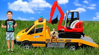 Bruder JCB excavator is broken. Tow truck brought a new crawler excavator