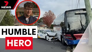 Humble hero rushed to help free children from school bus crash | 7 News Australia
