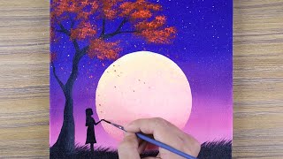 Red Tree | Full Moon | Easy Acrylic Painting for Beginners